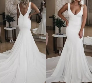 Simple Sexy Backless V Neck Sweep Train Satin Wedding Dresses Bridal Gowns