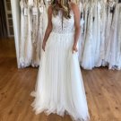 Pleats Ivory Boho Middle East Dubai Sheer Neckline Floor Length Beach Wedding Dresses