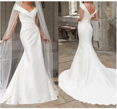 Simple New Mermaid Wedding Dresses Off Shoulder V-neck Ruched Draping Satin Bridal Gown