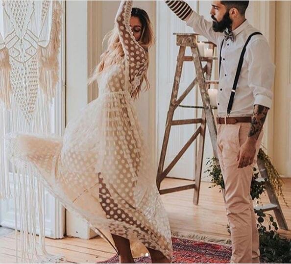 Boho A Line Tulle Dotted Lace Wedding Dresses Simple Sheer Long Sleeve Bridal Gowns
