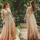 Boho Beach Style A Line Champagne Lace Applique Long Sleeves Chiffon Wedding Dresses