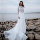 Boho Casual Beach Wedding Dresses Lace Top Long Sleeve Bateau Neck Bohemian Elegant Bridal Gowns