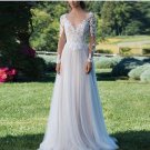 Boho Elegant Mermaid Wedding Dresses Lace Applique Sheer Jewel Neck Long Sleeves Bridal Gowns
