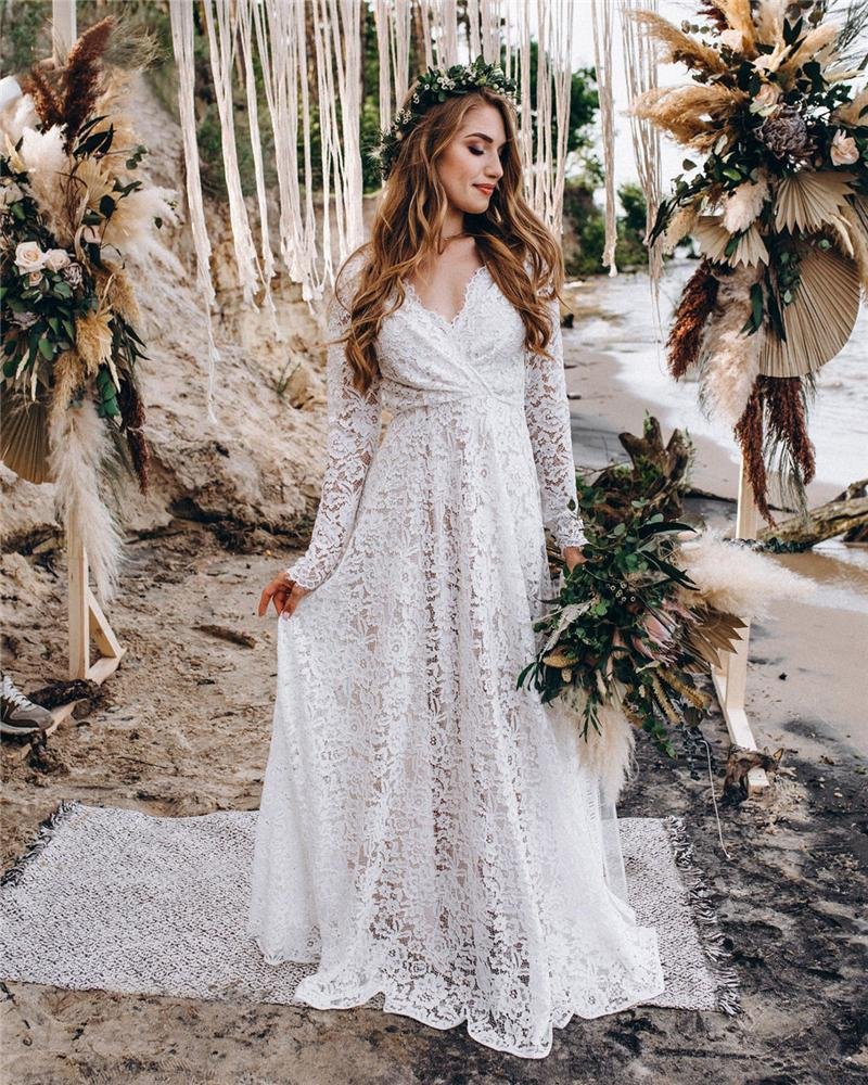 Boho Lace Wedding Dresses for Women Bride  Long Sleeve Backless A-Line Bohemian Bridal Gowns