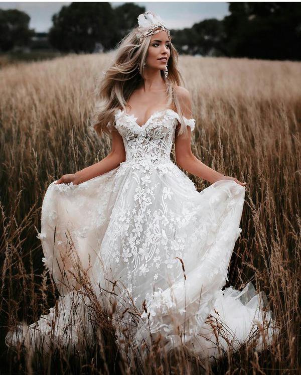 Boho Off Shoulder Wedding Dresses Country Style A Line Bridal Gowns
