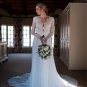 Boho Wedding Dresses Lace Chiffon Long Sleeve Deep V Neck Beach Bohemian Bridal Gowns