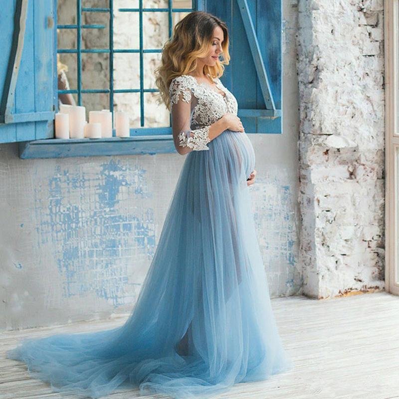 Baby Shower Dress Lace Top Light Blue Tulle Pregnant Wedding Dresses Maternity Bridal Gowns