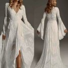 Bohemain  Wedding Dresses V Neck Lace Bridal Gowns Puffy Long Sleeves Boho Beach Wedding Dress