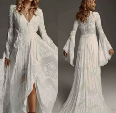 Bohemain  Wedding Dresses V Neck Lace Bridal Gowns Puffy Long Sleeves Boho Beach Wedding Dress