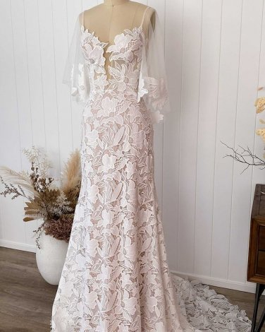 Bohemian Mermaid Blush Lace Wedding Dress Bridal Gowns