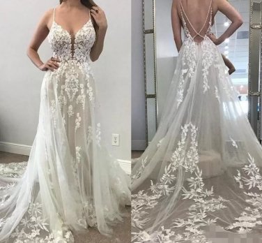 Boho A Line Wedding Dresses Spaghetti Straps Lace Applique Beach Wedding Gown