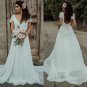 Boho Country Wedding Dresses  Short Sleeves Sexy Deep V Neck Chiffon Sweep Train Custom Made