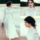 Boho High Neck Long Sleeves Wedding Dresses Lace Chiffon Length Beach Wedding Gown