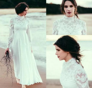 Boho High Neck Long Sleeves Wedding Dresses Lace Chiffon Length Beach Wedding Gown