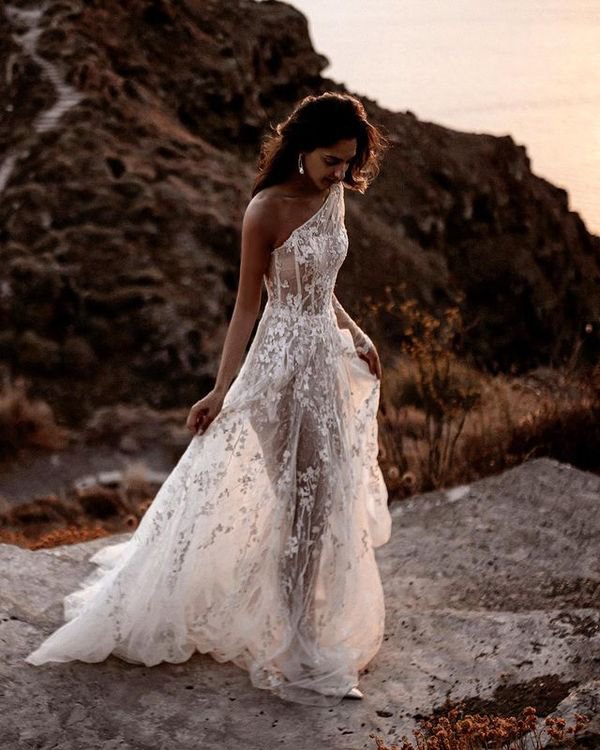 Boho One Shoulder White Lace Beach Wedding Dress