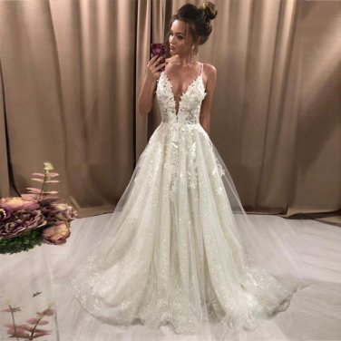Boho Wedding Dresses Sexy Spaghetti Straps Glitter Sparkle Bride Gowns With Lace Appliques