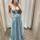 A Line Spaghetti Straps Sleeveless Glitter Blue Prom Dress