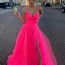 A Line V Neck Hot Pink Tulle Prom Dresses Long Spaghetti Straps Formal Evening Party Gown