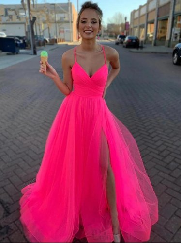 A Line V Neck Hot Pink Tulle Prom Dresses Long Spaghetti Straps Formal Evening Party Gown