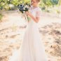 A-Line Chiffon Lace Beach Modest Wedding Dresses Short Sleeves V Neck  Bridal Gowns