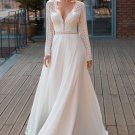 A-Line Wedding Dresses Long Sleeves Bridal Gowns Flowy Chiffon Deep V-Neck