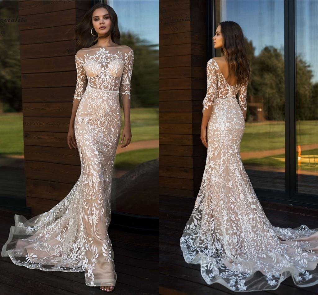 Champagne Lining Mermaid Wedding Dresses Lace Beaded 3/4 Long Sleeves Country Bridal Dress