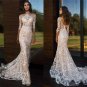 Champagne Lining Mermaid Wedding Dresses Lace Beaded 3/4 Long Sleeves Country Bridal Dress