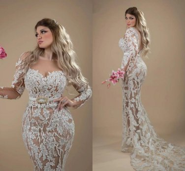 Mermaid Wedding Dresses Modest Lace Applique Sequin Backless Court Train Long sleeve bridal gown