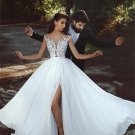 A-line Sheer Neck Capped Sleeves Lace Wedding Dresses Front Split Sweep Train Bridal Gowns