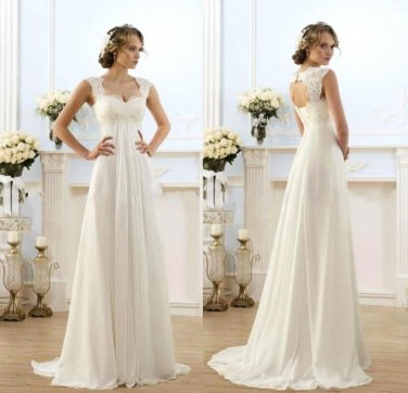 Bohemian Chiffon Wedding Dresses Scoop Neck Capped Sleeves Empire Waist Lace Bridal Gowns