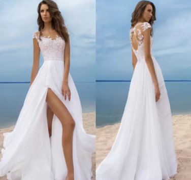 Boho Summer Beach Chiffon A Line Wedding Dresses Sheer Cap Sleeves Lace Bridal Gowns