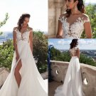 High Split A Line Chiffon Floor Length Sheer Neck and Back Country Boho Bridal Gowns