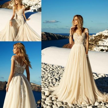 Champagne Wedding Dresses Boho Beach Chiffon Lace A Line Appliques Long Bridal Gowns
