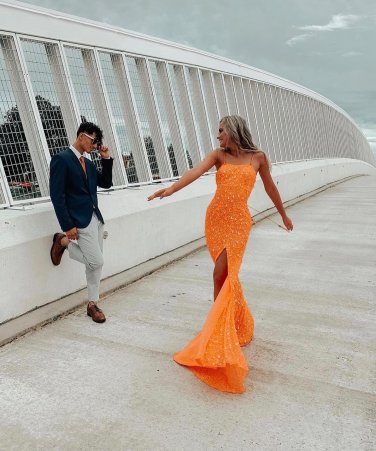 Stunning Mermaid Spaghetti Straps Orange Sequins Long Prom Dress