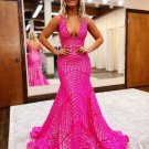 Stunning Mermaid V Neck Hot Pink Sequins Prom Dress