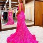 Stunning Mermaid V Neck Hot Pink Sequins Prom Dress