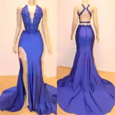 Royal Blue Sexy Backless Mermaid Sleeveless Deep V Neck Lace Applique Evening Gowns