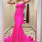 Mermaid Straps Long Prom Dresses Fuchsia Satin Backless Sweep Train Party Gowns