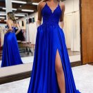A-line Spaghetti V Neck Blue Lace Long Prom Dresses Side Split Sweep Train Party Evening Gowns