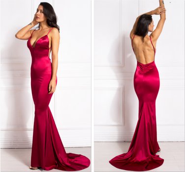 Fuchsia Backless Mermaid Prom Dress Stretchy Satin Deep V Neck Evening Sexy Prom Gown