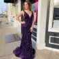 Glitter Mermaid V Neck Open Back Grape Sequins Long Prom Dress