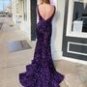 Glitter Mermaid V Neck Open Back Grape Sequins Long Prom Dress