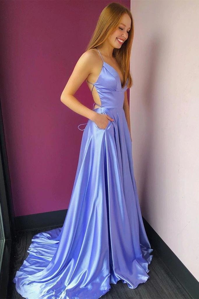 A Line Spaghetti V Neck Long Prom Dresses Front Split Backless Sweep Train Party Gowns