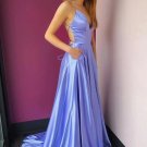 A Line Spaghetti V Neck Long Prom Dresses Front Split Backless Sweep Train Party Gowns
