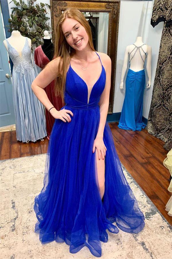 A Line V Neck Blue Tulle Long Prom Dresses Side Split Sweep Train Backless Party Gowns