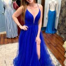 A Line V Neck Blue Tulle Long Prom Dresses Side Split Sweep Train Backless Party Gowns