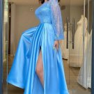 A-line Bateau Neck Long Sleeves Prom Dresses Sequins Side Split Floor Length Party Gowns