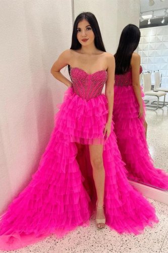 A-line Fuchsia Tulle Tiered Prom Dresses Sweetheart Beaded Hi-Lo Sweep Train Formal Party Gowns