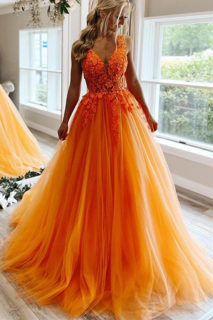 A-line Orange Lace Appliques Tulle Long Prom Dresses V Neck Backless Party Gowns