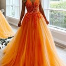 A-line Orange Lace Appliques Tulle Long Prom Dresses V Neck Backless Party Gowns
